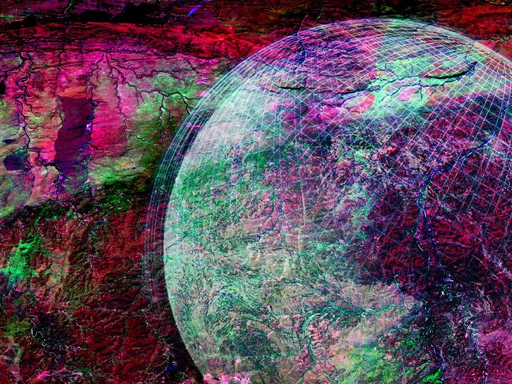 SAR land data image with globe pattern overlay