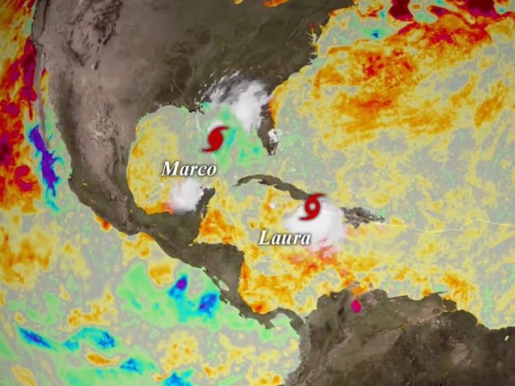satellite image of Hurricanes Marco and Laura