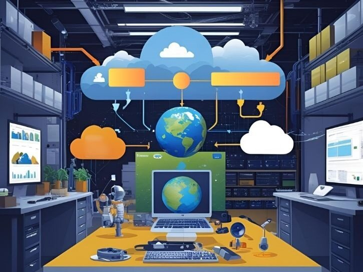 An illustration of an office with cloud computing.