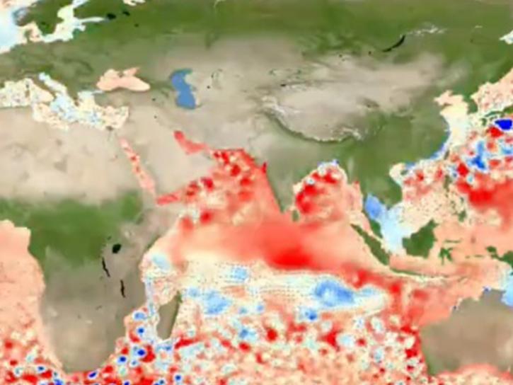 ea Surface Height Anomaly (SSHA) from -30 cm (blue) to 30 cm (red) over the global ocean, arrows on top represent the ocean currents