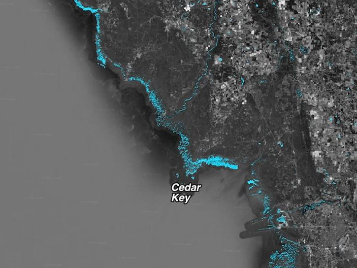 Differencing OPERA DSWx images from September 14, 2024 (before the storm) and September 26, 2024 (storm) reveals an increase in water due to the storm surge (in light blue) over Cedar Key, Florida