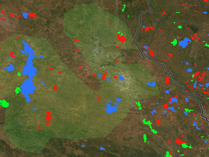 Monthly MODIS burned area data for the month of August in 2024 (red), 2023 (green), and 2022 (blue) in the Banhine National Park in southern Mozambique.