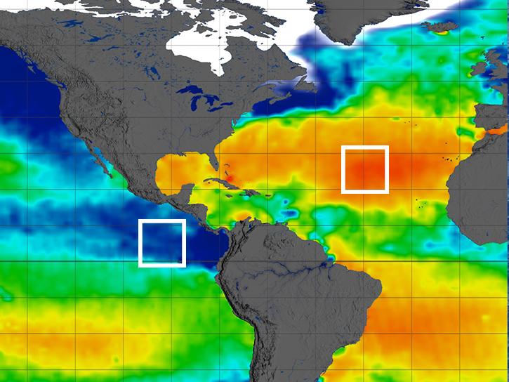 areas where the SPURS study took place on a map showing sea surface salinity