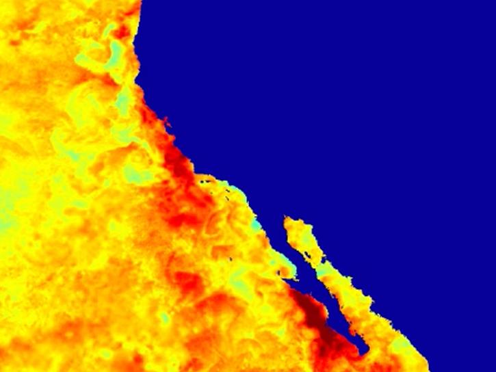 sea surface temperature showing warming temperatures along the southern California coast