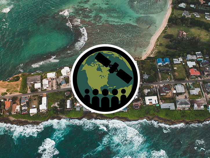 Overhead image of waves lapping in a peninsula with the ARSET logo over top