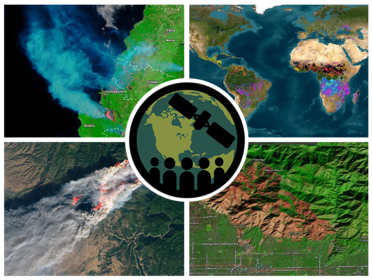 Four images of fires, smoke, fire locations, and burned areas from space.