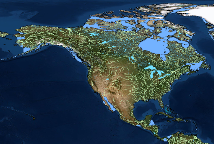 A graphic of the network of lakes and rivers in North America that are measured by ICESat-2. Image Credit: Michael Michael Jasinski