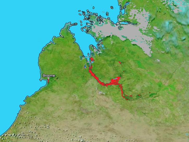 flooding in a river flood plain in northwestern Australia as highlighted by the Flood 3-Day Window layer in red