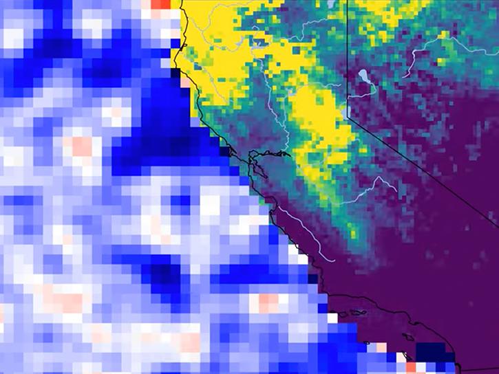 SWOT data showing sea surface salinity and precipitation on land