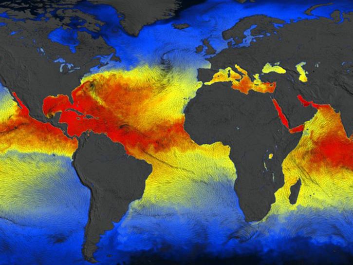 Global surface wind vector flow lines over sea surface temperature from June 1, 2011 to October 31, 2011.