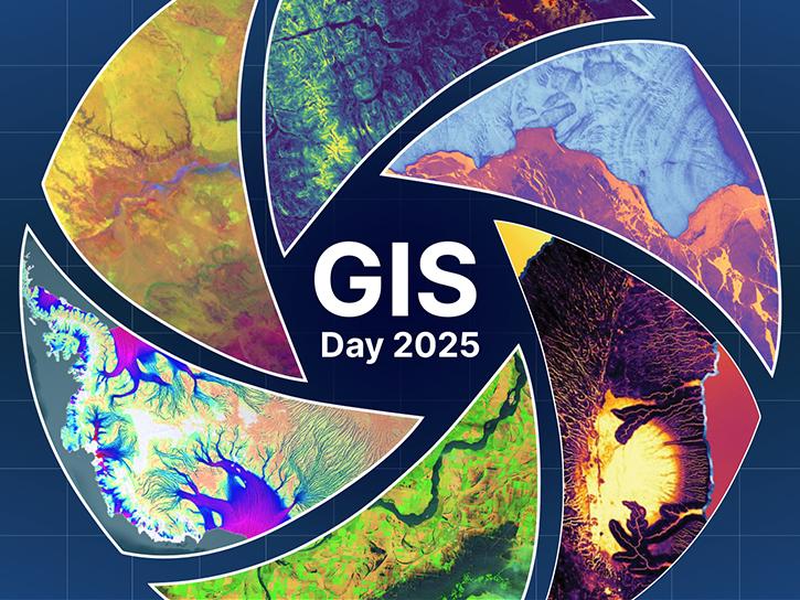 a collage of imagery inside a lens graphic saying GIS Day 2025