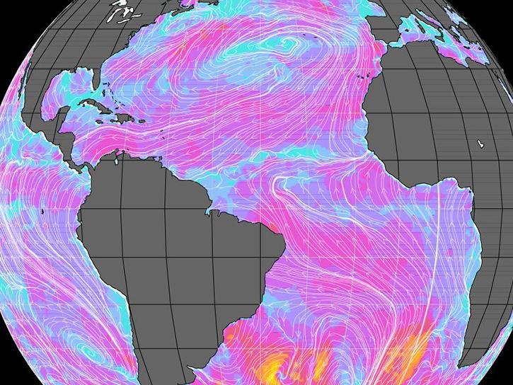 ocean surface wind data over the Atlantic Ocean captured by QuikScat