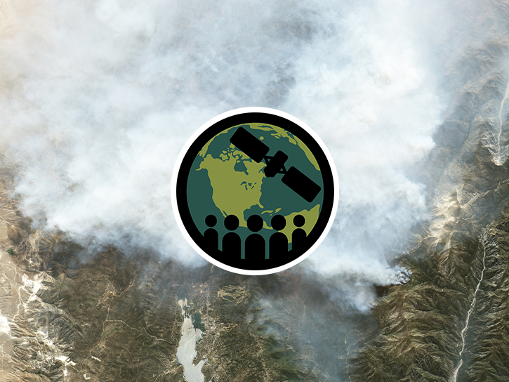 Collage of images that are satellite views of significant natural events on Earth, specifically wildfires and volcanic eruptions.