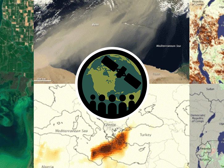 Collage of satellite images relevant to health monitoring, with the ARSET logo in the middle.