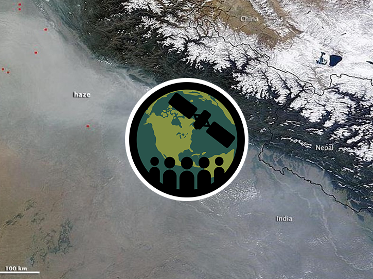 This satellite image from NASA shows a thick blanket of haze, or air pollution, covering the Indo-Gangetic Plain of northern India and Nepal, pressed against the foothills of the Himalayas. The ARSET logo appears in the middle of the image.