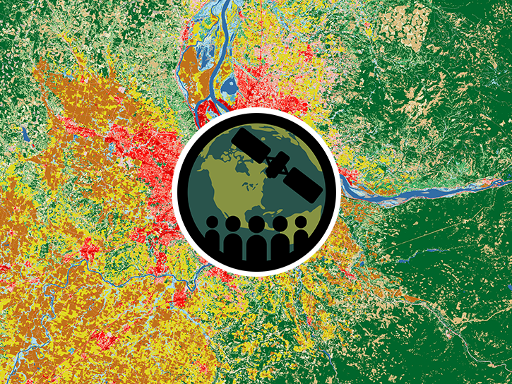 The image provided is a land cover classification map of the Portland, Oregon metropolitan area, near the confluence of the Willamette and Columbia Rivers. The ARSET logo sits in the middle of the image.