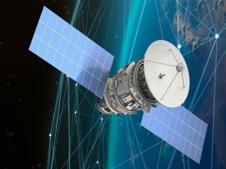 This image shows an artist's rendition of a satellite in orbit above Earth. The image also shows point (or dots) on the planet's surface, presumably suggesting data collection points. 