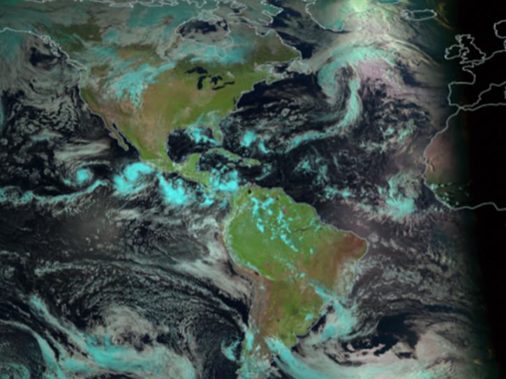 Geostationary Ring Natural Color RGB imagery global mosaic displayed in the FIRMS map viewer
