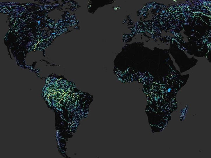 data visualization shows the mean flow of global rivers for March 2023 to May 2025, as seen by the Surface Water and Ocean Topography (SWOT) platform (m3/s). Yellow indicates larger water flow estimates, while blues reflect smaller river flow estimates. 