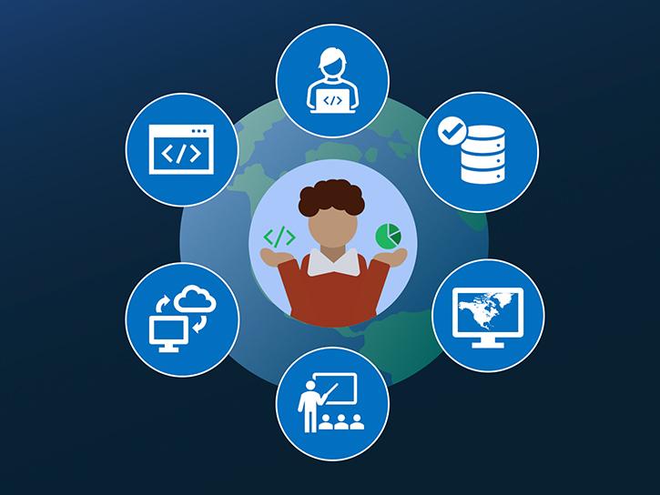 This graphic shows Earth on a blue background. Overlayed across the image and arranged in a circle are seven various graphics of computers, people, and technology representing the use of data.