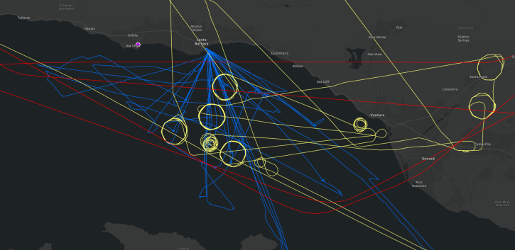 A map of the U.S. west coast showing paths of data-collecting platforms in the PACE-PAX campaign.