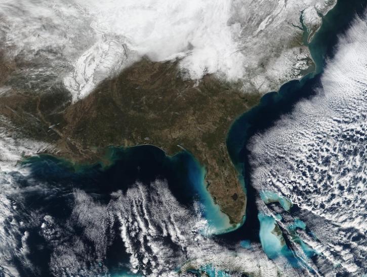 True-color corrected reflectance image of the eastern US and the Bahamas after winter storms on 2 February 2026 from the VIIRS instrument aboard the joint NASA/NOAA Suomi NPP satellite.
