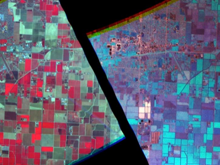 Nadir imagery from an AirMSPI step and stare sequence over Hanford, CA acquired on 22 January 2013. Different combinations of image channels are displayed as blue, green, red color composites. 