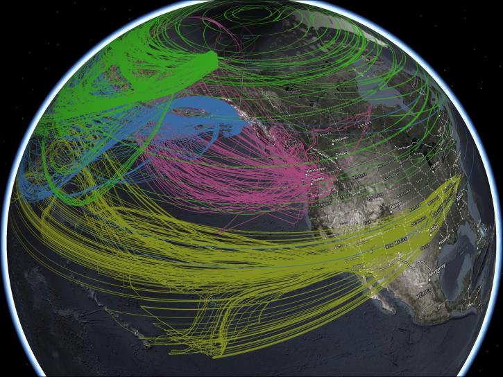 Global image of ARCTAS trajectory data from the B-200 aircraft with green, blue, yellow, and pink swaths showing trajectory paths along the northern hemisphere on a globe