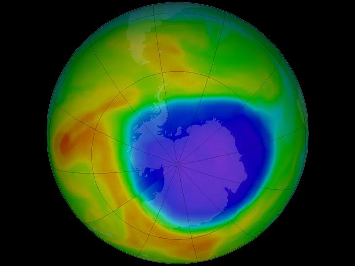 Antarctic ozone hole, Oct. 10, 2017: Purple and blue represent areas of low ozone concentrations in the atmosphere; yellow and red are areas of higher concentrations.