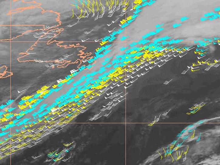 GOES image of mid troposphere rapid scan Atmospheric Motion Vectors (AMVs) during ATReC observation period 12, day 1, 13 November 2003