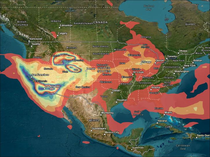 Image of Trajectory Data from April 1999 highlighting the retroplume data. It is a heatmap ranging from blue to red.