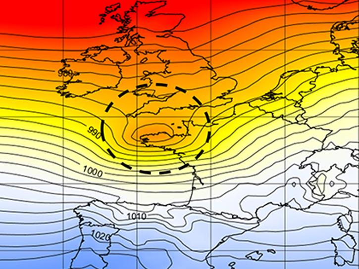 A map from the MERRA-2 models shows sea level pressure over Western Europe in December 1999.