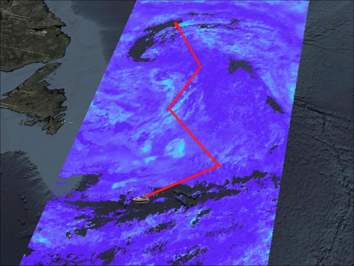 GIS Image of a ship track in red along a satellite image of cloud droplet particle count in blue and purple over satellite imagery with an image of a ship at the southern end of the ship track