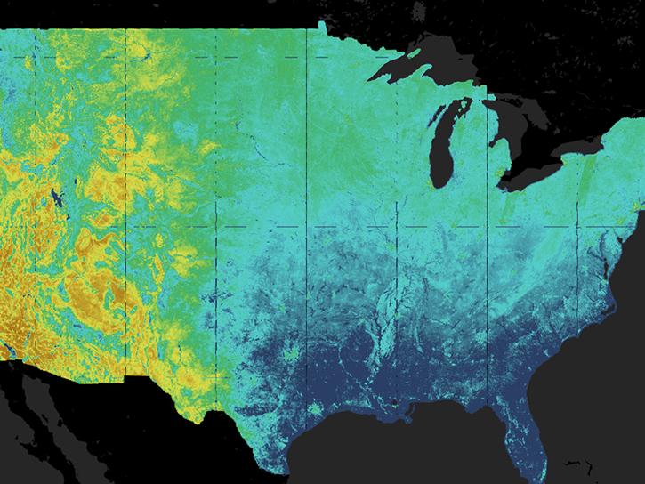 This map depicts the level of evapotranspiration across the continental United States.