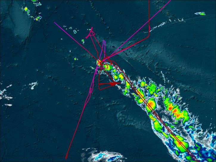 Image of a flight track for PEM Tropics that grades from red to purple overlaying a satellite image from the GOES satellite over Hawaii