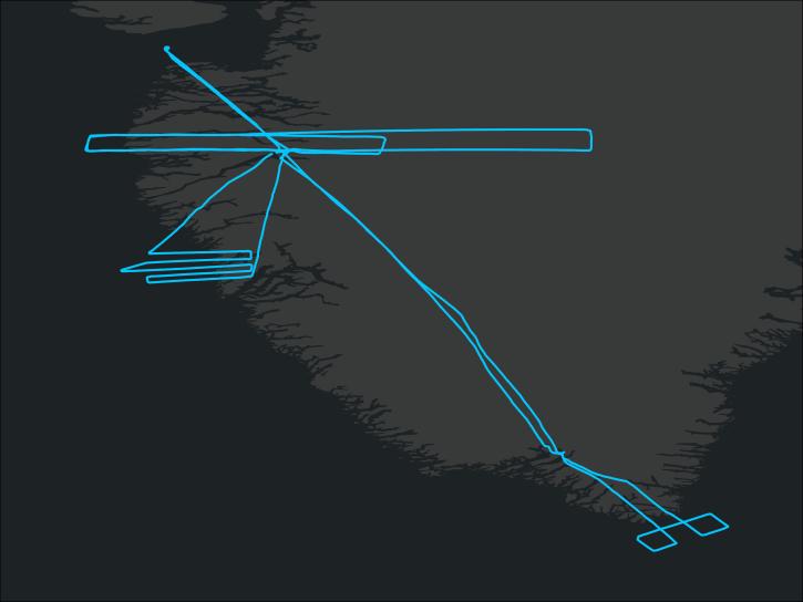 Blue flight tracks over a dark grey basemap for the Polar Winds I campaign. the tracks are over Greenland