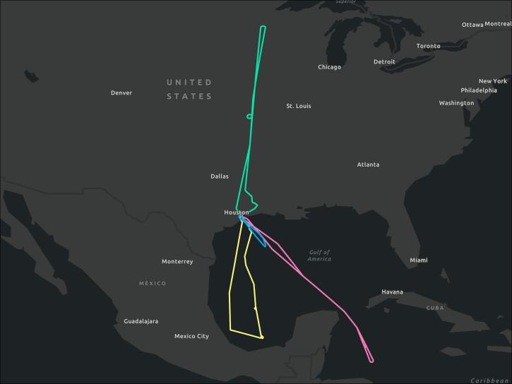 Image of four flight paths from the VIRGAS campaign. All four fly out of Houston and go North, South, and Southeast with a green, blue, pink, and yellow path. The basemap is a dark color.