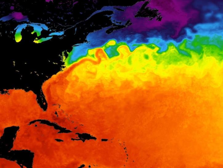 Sea surface temperature image of the eastern coast of the US showing the Gulf Stream on 10 June 2026 from the GHRSST MUR product 