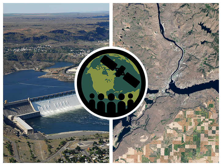Aerial photo of dam and reservoir on left, satellite image of same reservoir on right.