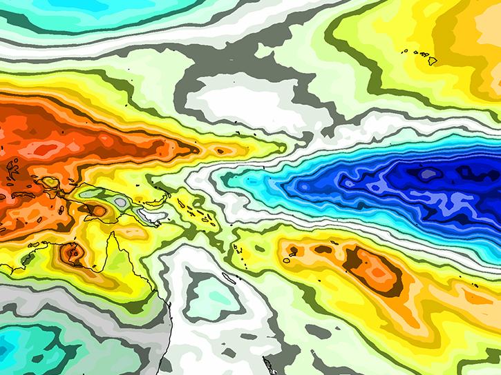 Top-of-atmosphere outgoing longwave radiative flux anomaly for December-February 1982-83. Cooler colors in this image indicate lower values of the longwave radiative flux than normal, and hence more and higher clouds. Warmer colors indicate fewer clouds than average. 