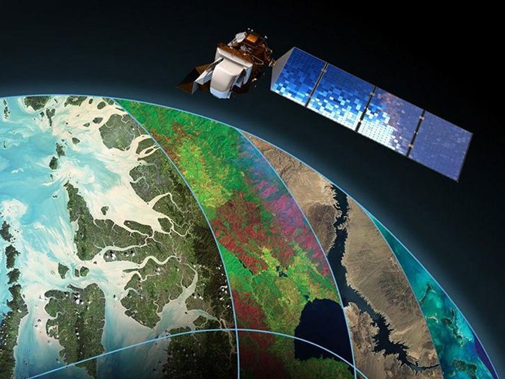 satellite orbiting over a collage of swaths showing remote sensing imagery