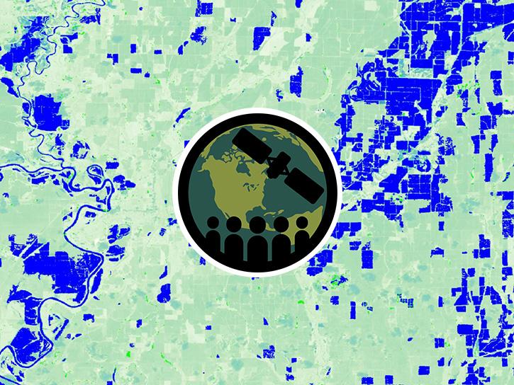 Satellite image of flooding with ARSET logo overtop, centered.