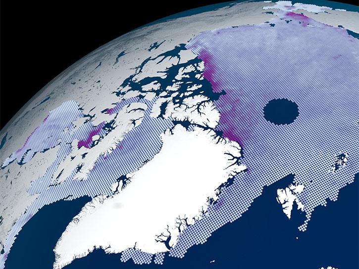 Satellite imagery showing ICESat-II winter sea ice thickness data. 