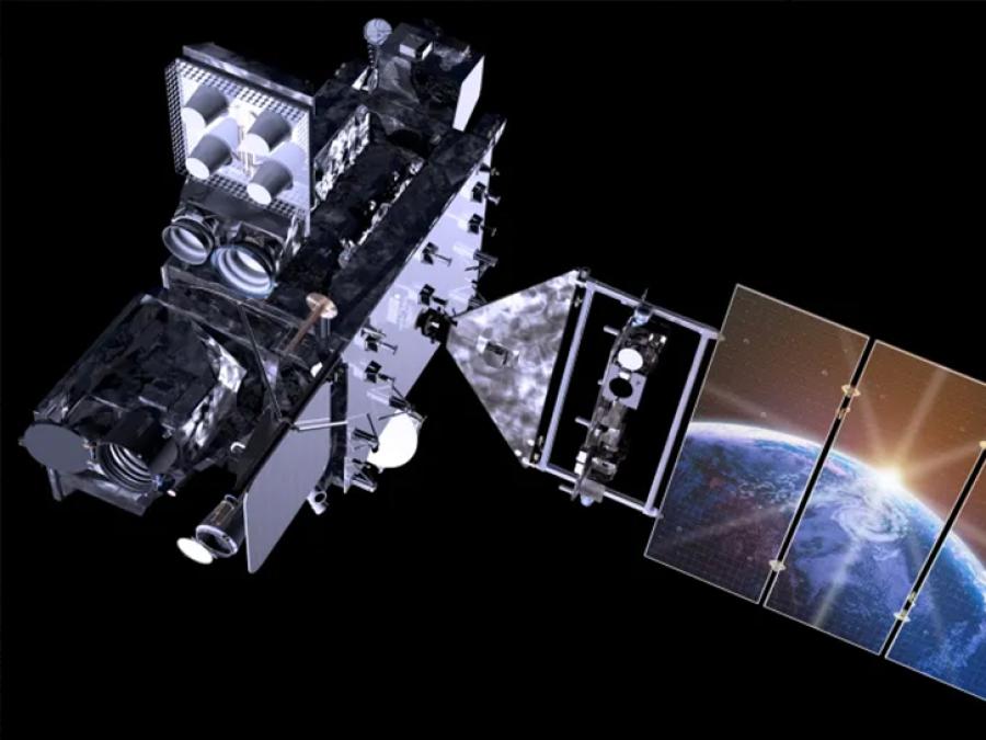 image of GOES satellite in orbit with earth reflected in panel