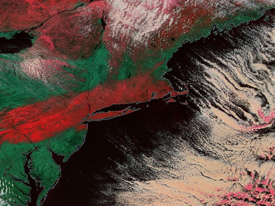 false color satellite image of snowstorm on the US East coast