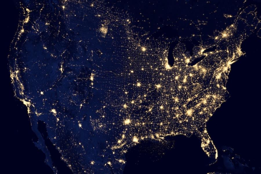 Composite image of the city lights of the United States at night.