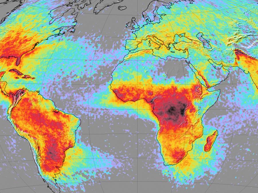 average yearly counts of lightning flashes per square kilometer based on data collected by NASA satellites between 1995 and 2002