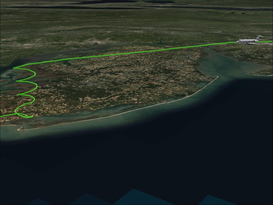 Image of a 3D flight track for DEVOTE. The track is a green line with a spiral on the left side of the image to show the vertical column measurement taken. There is an airplane on the right side of the image along the flight track.