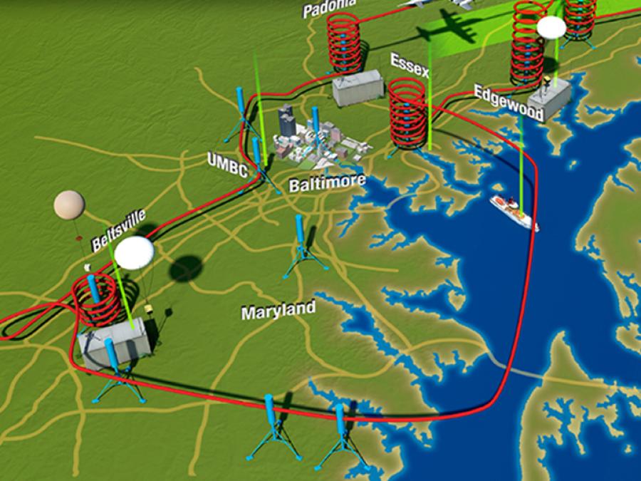 Image of DISCOVER-AQ Maryland campaign map showing various aircraft paths and sondes deploying