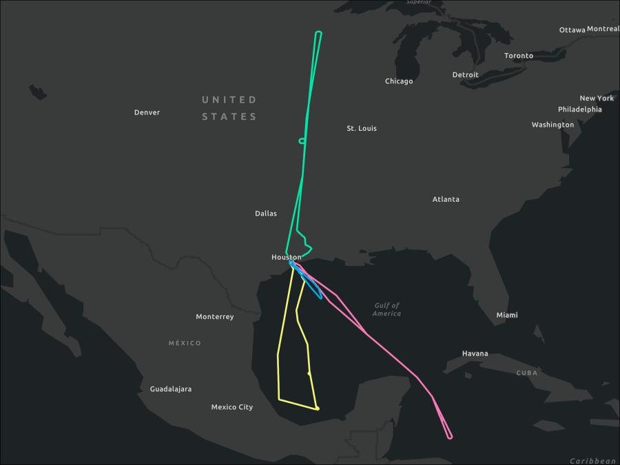 Image of four flight paths from the VIRGAS campaign. All four fly out of Houston and go North, South, and Southeast with a green, blue, pink, and yellow path. The basemap is a dark color.